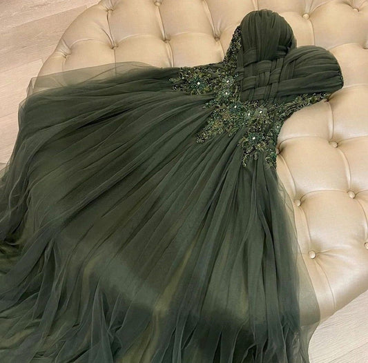 Classy A Line Sweetheart Olive Green Tulle Prom Dress Aesthetic For Teens Formal Dress Party Outfits Prom Gowns AB1068