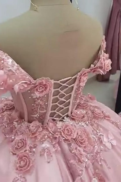 Sparkly Off-Shoulder Tulle Homecoming Dress with 3D Flowers & Corset Party Dresses RB6784