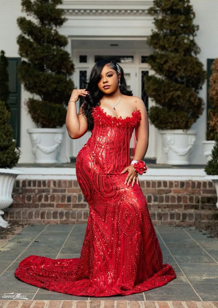 Gorgeous Mermaid Sweetheart Red Sequins Beaded Bodice Prom Dresses Long Formal Party Gown AB365