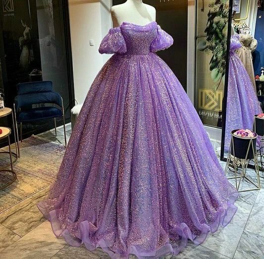 Sparkly Ball Gown Off The Shoulder Lilac Quinceanera Dress Sequins Birthday Luxury Dress Sweet 15 16 Birthday Gown AB1962
