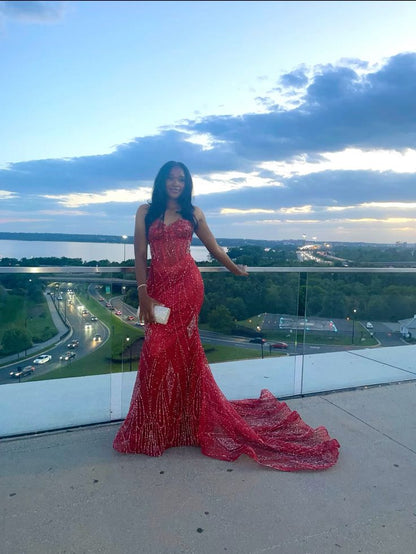 Elegant Mermaid Sweetheart Red Sequin With Beaded For Black Girls Long Formal Prom Evening Dress Dinner Outfits Party Gowns AB2085