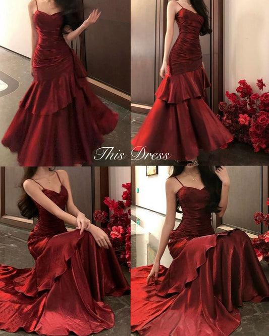 Gorgeous Mermaid Spaghetti Strap Burgundy With Ruffles Pleated Formal Evening Dress Gowns Prom Dresses N708