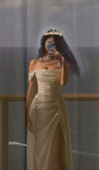 Beige Off Shoulder Mermaid Sequin Long Prom Dresses Elegant Evening Gowns with Slits AB651