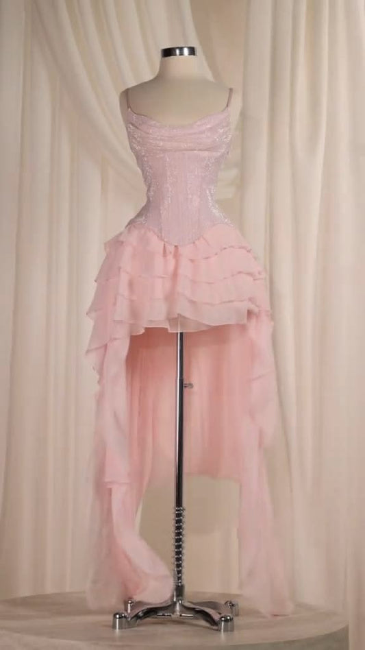 Cute High Low Spaghetti Straps Pink Chiffon Inspo Hoco Dress Homecoming Dresses RB4177