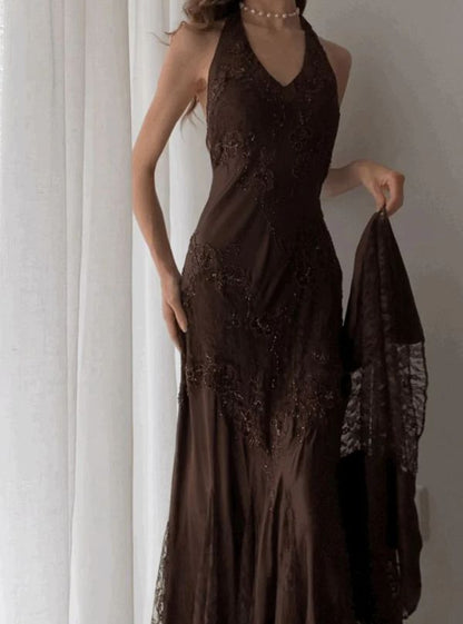 Vintage A Line Halter Brown Lace Long Prom Dresses Evening Formal Gown AB959