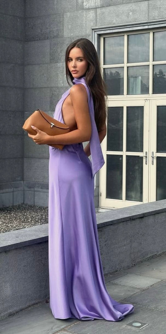 Chic Mermaid Halter Lilac Backless Silky Satin Long Prom Dresses Sleeveless Formal Dresses N707