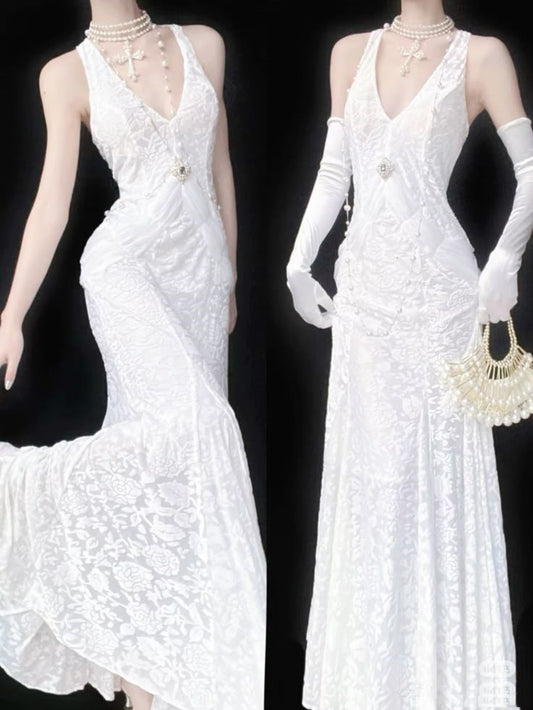 Elegant Women's Mermaid V Neck With Gloves Sleeveless White Lace Long Wedding Gowns Dresses AB1500
