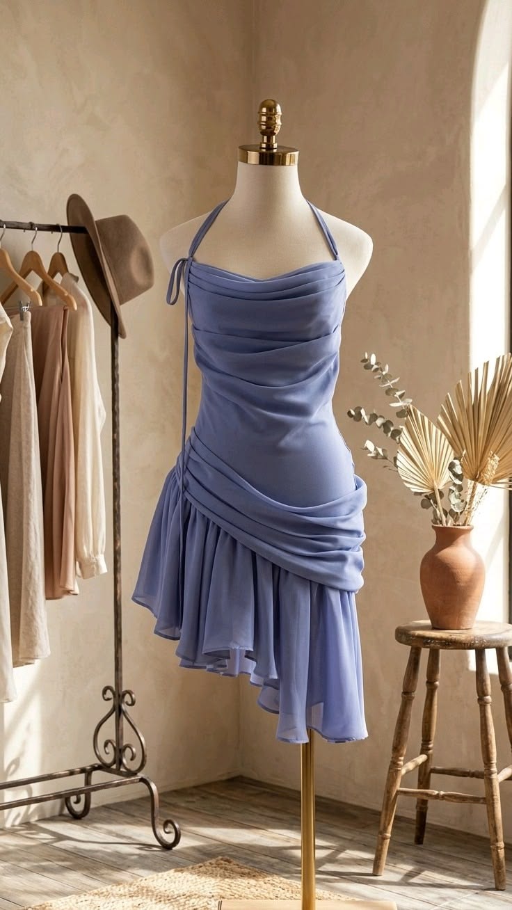 Short Sheath Halter Chiffon Blue Irregular Hem Homecoming Dress Bodycon Party Dress RB8159