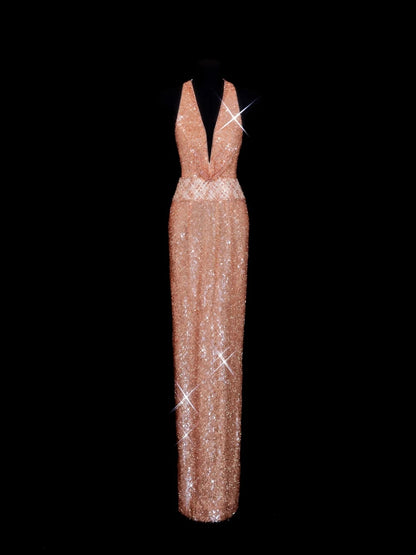 Sparkly Prom Dresses Sheath V Neck Sequin With Beading Evening Long Formal Dress RB3256