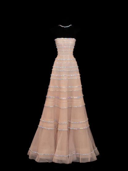 Sparkling Ball Gown Strapless Champagne With Silver Beaded Inspo Formal Party Gowns Long Prom Dresses N142