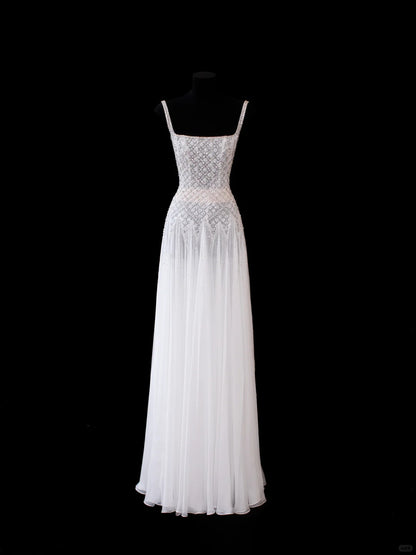 Sparkly A line Square White Tulle With Beading Long Prom Dresses Inspo Evening Outfits RB4320