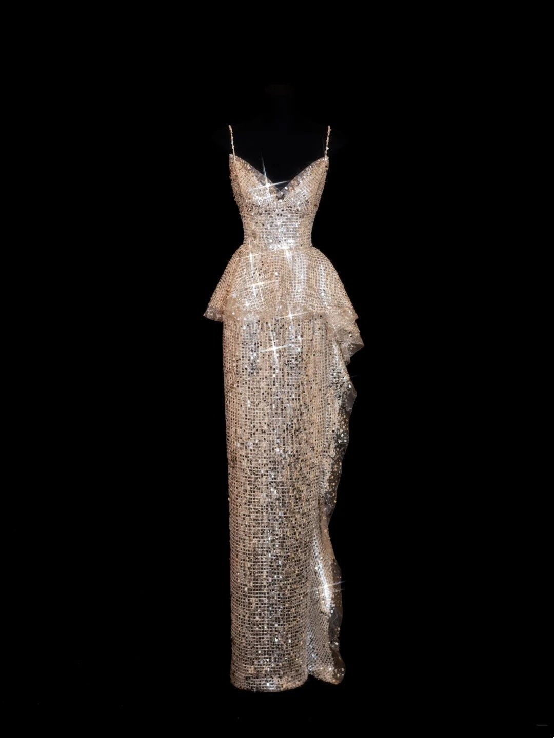 Sparkly Sequin Mermaid Spaghetti Strap Sequined Champagne Long Prom Dresses Inspiration Evening Gowns Formal Party Prom Dress N144
