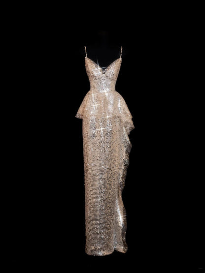 Sparkly Sequin Mermaid Spaghetti Strap Sequined Champagne Long Prom Dresses Inspiration Evening Gowns Formal Party Prom Dress N144
