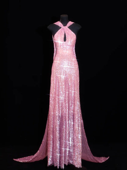 Sparkly Sequin A line Halter Pink Sequined Long Prom Dresses Inspiration Evening Gowns Formal Party Prom Dress N147