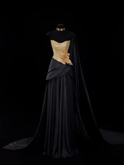 Vintage A Line Sweetheart Black With Gold Sequin Long Prom Dresses Party Dress Birthday Outfits Graduation Gown N2839