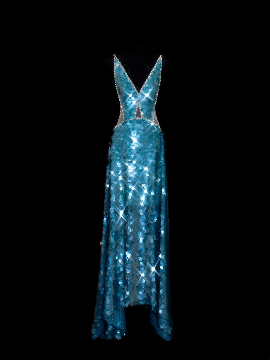 Sparkly A line V Neck Blue Sequin Evening Dress Long Prom Dresses Formal Outfits RB3934