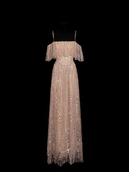 Sparkly Sequin A line Spaghetti Strap Sequined Champagne Long Prom Dresses Inspiration Evening Gowns Formal Party Prom Dress N145