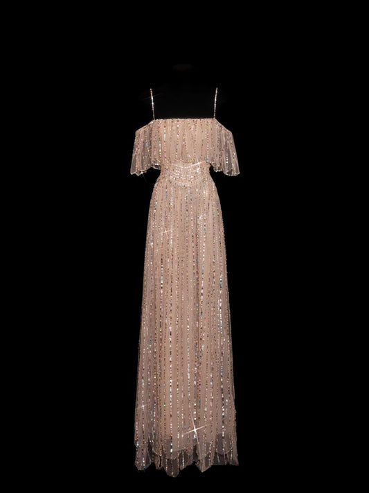 Sparkly Sequin A line Spaghetti Strap Sequined Champagne Long Prom Dresses Inspiration Evening Gowns Formal Party Prom Dress N145