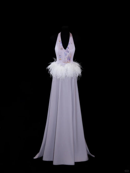Classy A line Halter Lilac Satin With Feathers Prom Dresses Long Evening Party Formal Outfits RB6650