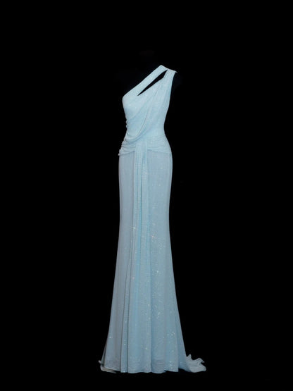 Shining Sheath One Shoulder Sequin Light Sky Blue Long Party Dresses Prom Dresses Impress Wedding Guest Dress N908