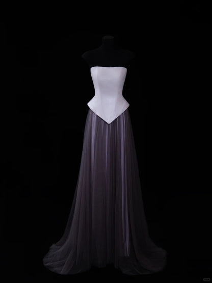 Classy A line Strapless Satin Tulle Prom Dresses Long Evening Party Formal Outfits RB6648