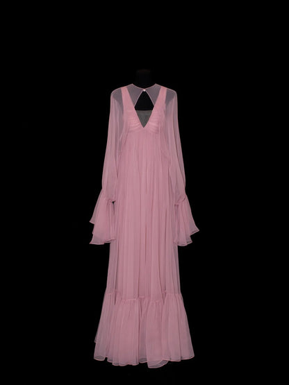 Chic A line V Neck Chiffon Pink Pleated Ruffle Long Prom Dresses Inspiration Evening Gowns Formal Party Prom Dress N148