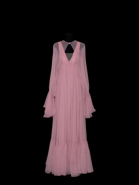 Chic A line V Neck Chiffon Pink Pleated Ruffle Long Prom Dresses Inspiration Evening Gowns Formal Party Prom Dress N148