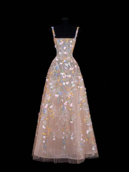 Princess Ball Gown Square Neck Floral Lace 18th Birthday Dress Sleeveless Evening Prom Formal Dresses RB3255