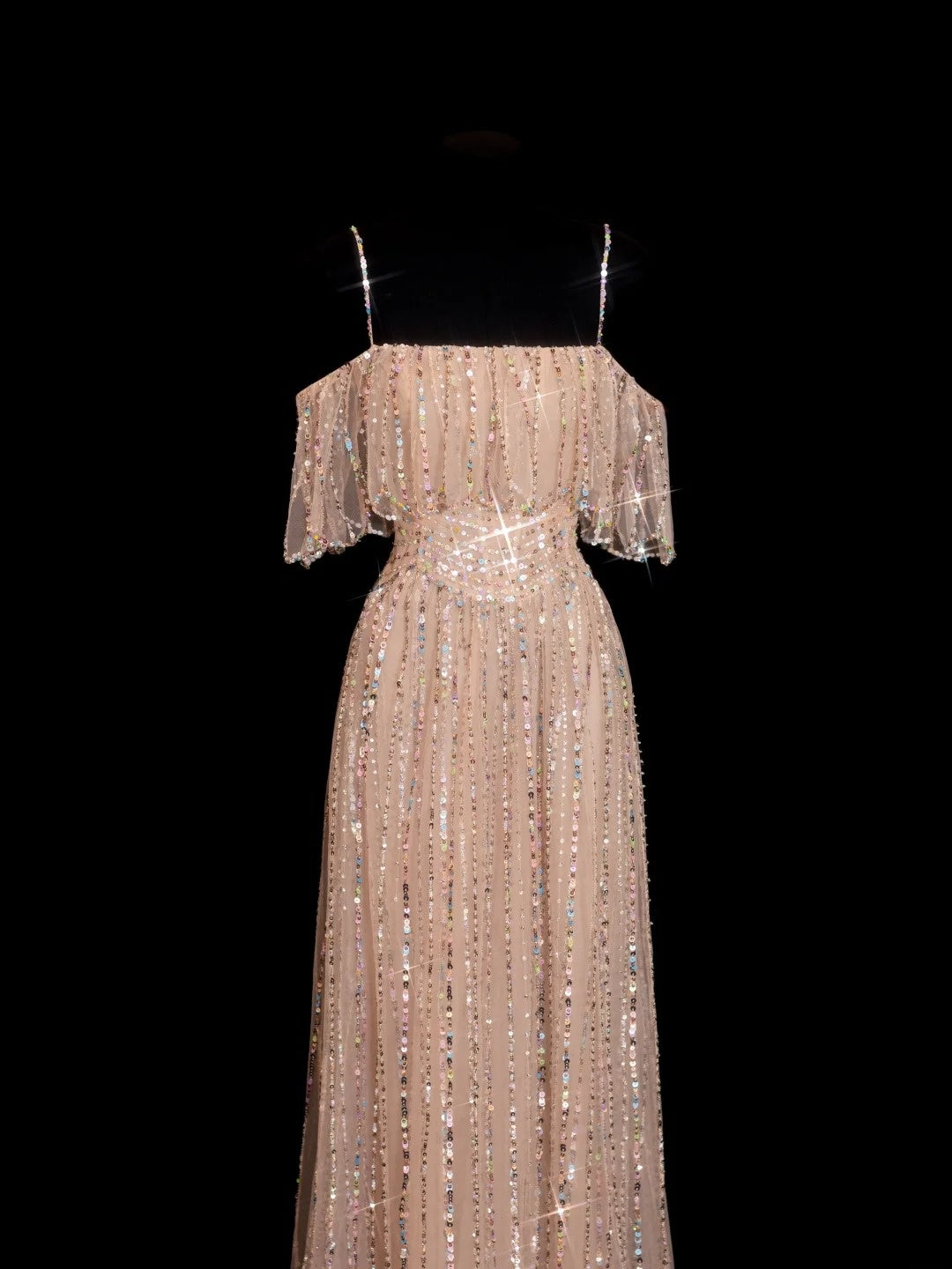 Sparkly Sequin A line Spaghetti Strap Sequined Champagne Long Prom Dresses Inspiration Evening Gowns Formal Party Prom Dress N145