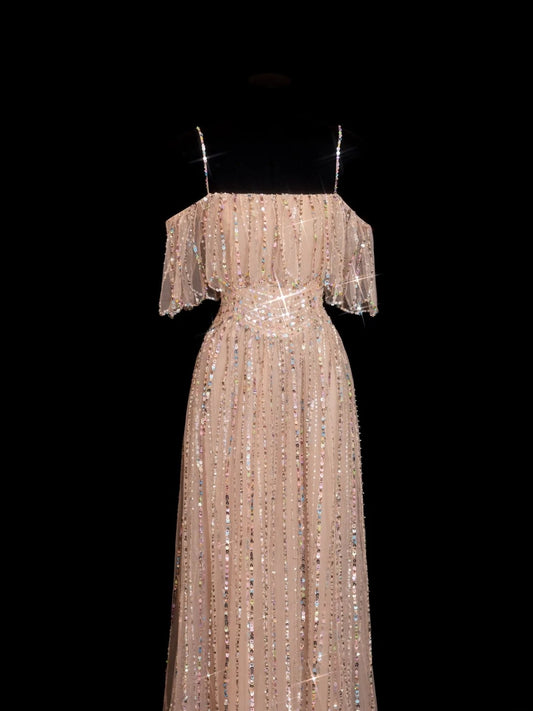 Sparkly Sequin A line Spaghetti Strap Sequined Champagne Long Prom Dresses Inspiration Evening Gowns Formal Party Prom Dress N145