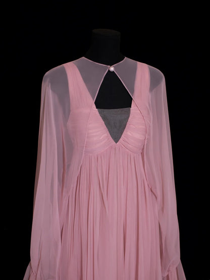 Chic A line V Neck Chiffon Pink Pleated Ruffle Long Prom Dresses Inspiration Evening Gowns Formal Party Prom Dress N148