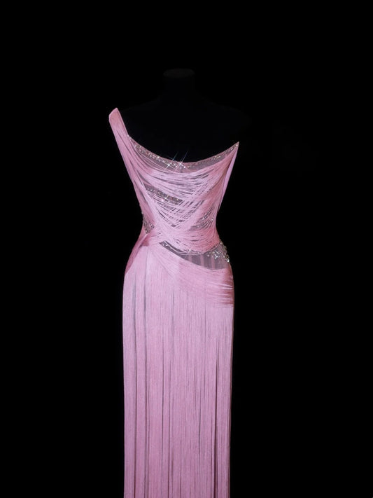 Elegant Prom Dresses Sheath One Shoulder Pink With Tassel Sleeveless Formal Evening Outfits N3788