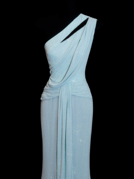 Shining Sheath One Shoulder Sequin Light Sky Blue Long Party Dresses Prom Dresses Impress Wedding Guest Dress N908