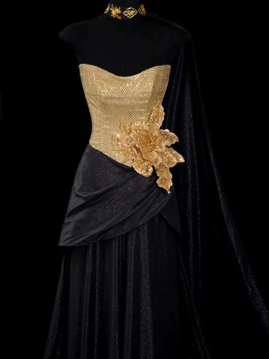 Vintage A Line Sweetheart Black With Gold Sequin Long Prom Dresses Party Dress Birthday Outfits Graduation Gown N2839