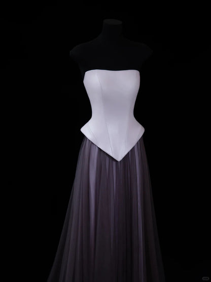 Classy A line Strapless Satin Tulle Prom Dresses Long Evening Party Formal Outfits RB6648
