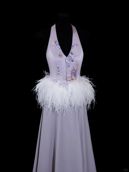 Classy A line Halter Lilac Satin With Feathers Prom Dresses Long Evening Party Formal Outfits RB6650