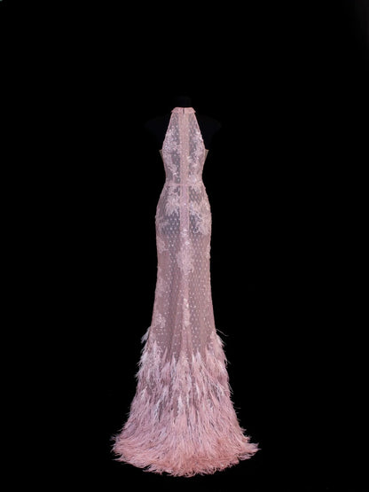 Chic Mermaid High Neck Pink Lace With Feather Appliques Inspo Formal Party Gowns Long Prom Dresses N149