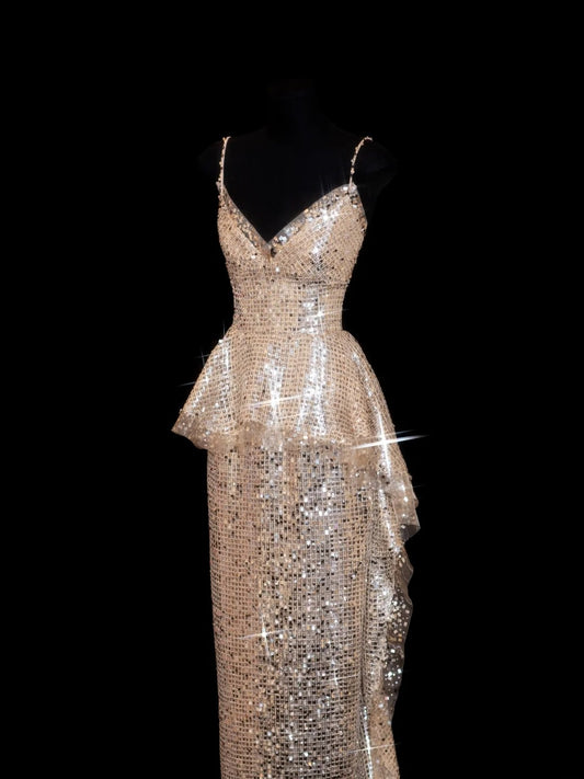 Sparkly Sequin Mermaid Spaghetti Strap Sequined Champagne Long Prom Dresses Inspiration Evening Gowns Formal Party Prom Dress N144
