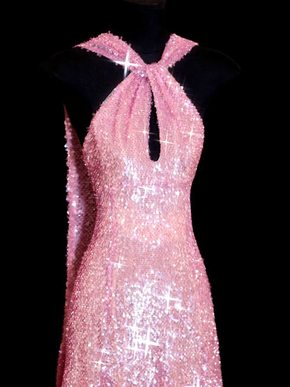 Sparkly Sequin A line Halter Pink Sequined Long Prom Dresses Inspiration Evening Gowns Formal Party Prom Dress N147