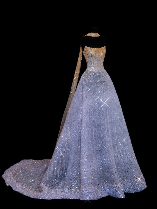 Sparkling Ball Gown Strapless Lilac Scarf With Gold Beaded Inspo Formal Party Gowns Long Prom Dresses N143