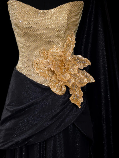 Vintage A Line Sweetheart Black With Gold Sequin Long Prom Dresses Party Dress Birthday Outfits Graduation Gown N2839