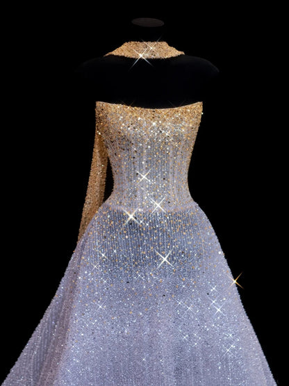 Sparkling Ball Gown Strapless Lilac Scarf With Gold Beaded Inspo Formal Party Gowns Long Prom Dresses N143