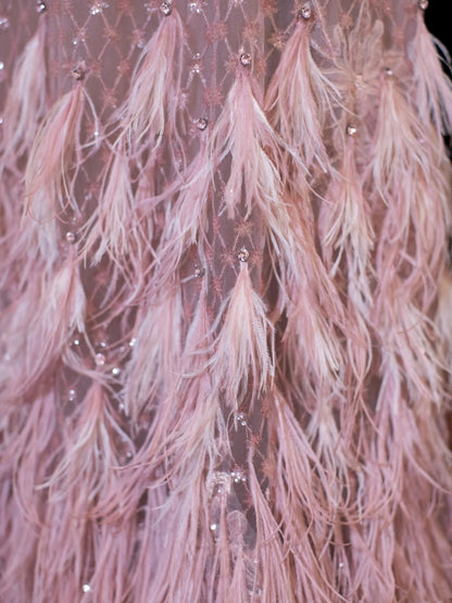 Chic Mermaid High Neck Pink Lace With Feather Appliques Inspo Formal Party Gowns Long Prom Dresses N149
