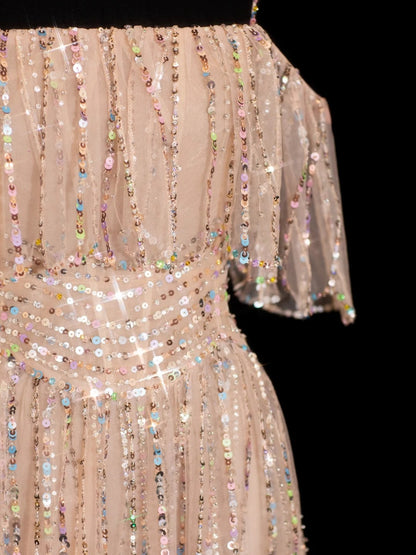 Sparkly Sequin A line Spaghetti Strap Sequined Champagne Long Prom Dresses Inspiration Evening Gowns Formal Party Prom Dress N145