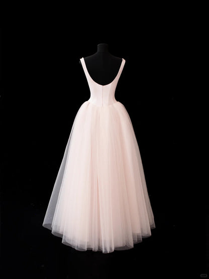 Sparkly Ball Gown Square Neck Light Pink Tulle With Beading Tea Length Prom Dresses Inspo Evening Outfits RB4324