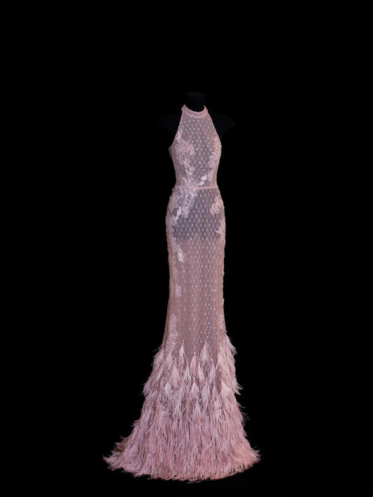 Chic Mermaid High Neck Pink Lace With Feather Appliques Inspo Formal Party Gowns Long Prom Dresses N149