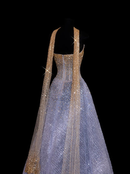 Sparkling Ball Gown Strapless Lilac Scarf With Gold Beaded Inspo Formal Party Gowns Long Prom Dresses N143