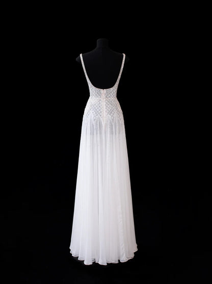 Sparkly A line Square Neck White Chiffon Evening Dress Long Prom Dresses Formal Outfits RB3933
