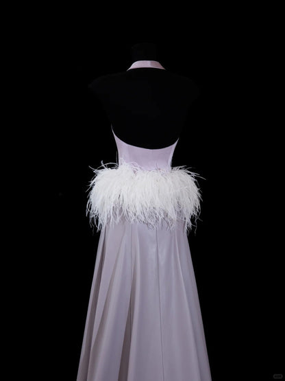 Classy A line Halter Lilac Satin With Feathers Prom Dresses Long Evening Party Formal Outfits RB6650