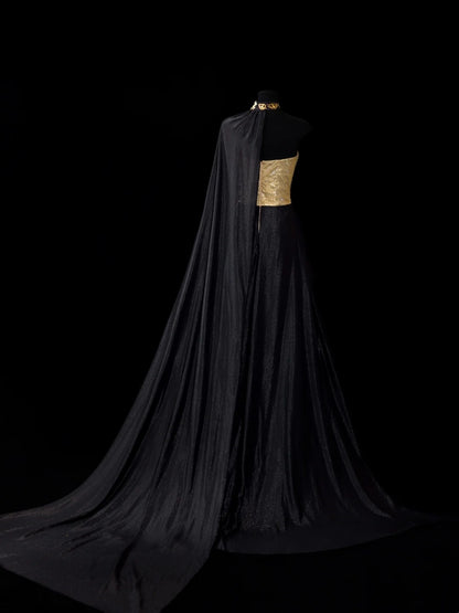 Vintage A Line Sweetheart Black With Gold Sequin Long Prom Dresses Party Dress Birthday Outfits Graduation Gown N2839
